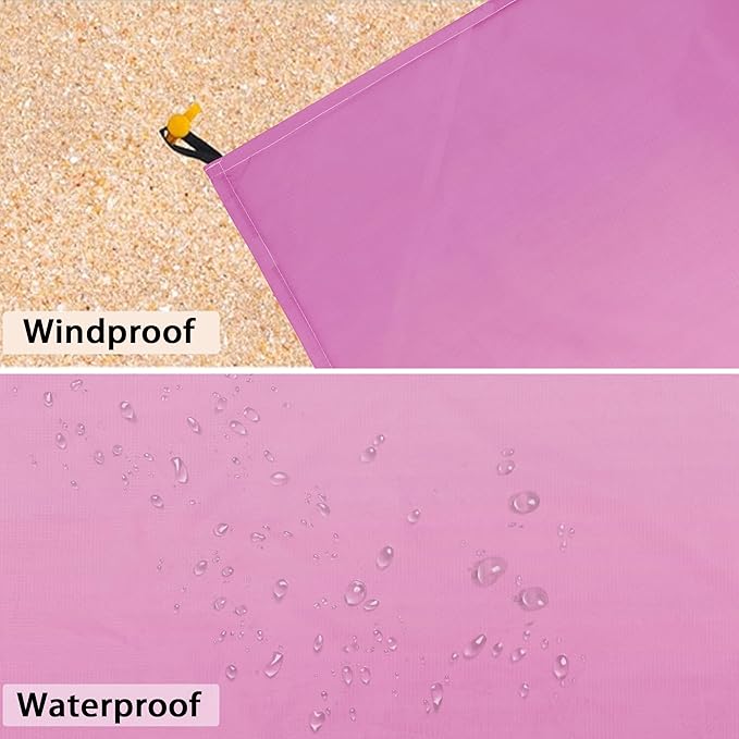 Large Beach Blanket Waterproof Sandproof, Blue Pink Gradient Weighted Polyester Picnic Blanket Windproof w/Stakes and Sand Pockets, Outdoor Camping Beach Mat Sand Free Fits 8 Adult for Travel, Hiking