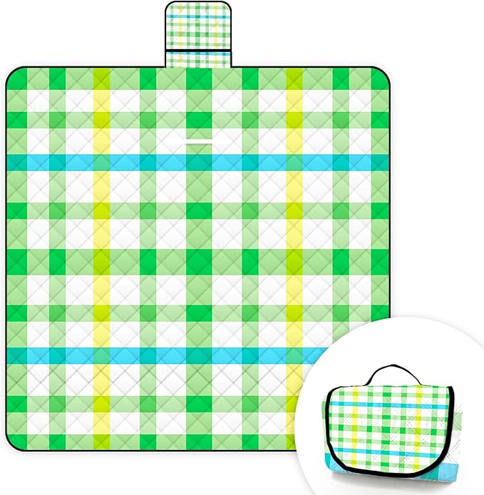 Portable Waterproof Picnic Blanket,Picnic Blankets Extra Large Outdoor 80"x80", Machine Washable, Extra Large Picnic Mat for Grass Concert, Park, Lawn,Travel,Green Gingham