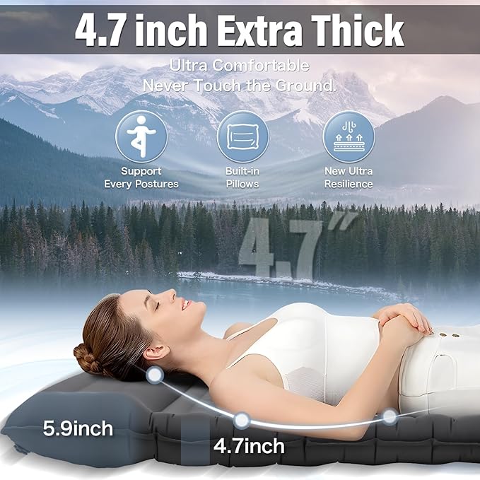 Sleeping Pad for Camping 2 Person Extra 4.7 Inch Thickness Self Inflating Mat with Pillow Built-in Foot Pump Portable Double, Grey
