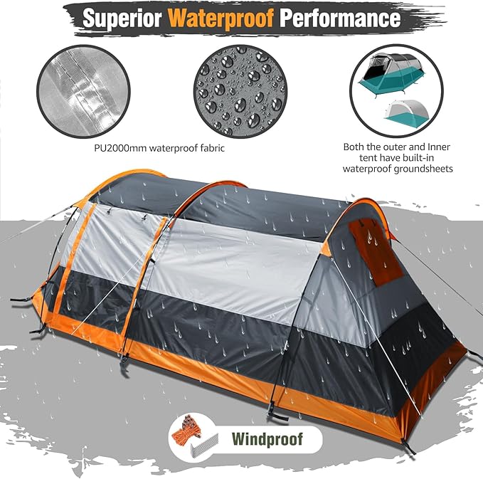Chihee Camping Tents Tunnel Tent 4 Person Family Tents with 2 Doors Extra Weatherproof Outdoor Shelter 4 Seasons Tents with Double Waterproof Groundsheets Screened Room Porch Carry Bag for Travelling