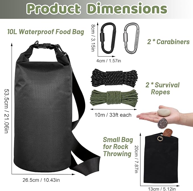 Bear Food Bag Hanging System, Ultralight Camping Bear Bag Kit Include 10L Waterproof Bear Bag, Pulley System with Survival Utility Ropes, Clips, Rock Pouch and Instructions