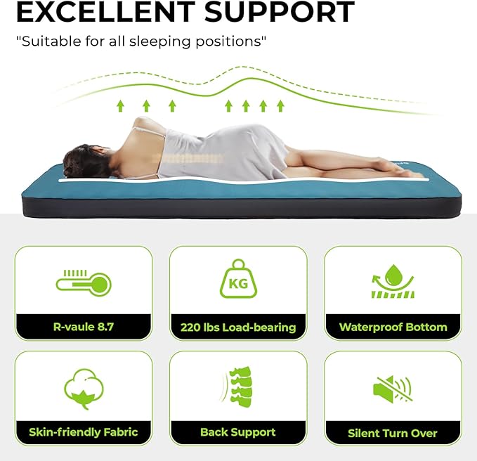 FUNDANGO Self Inflating Sleeping Pad, 4" Thick Camping Mattress with Pump Sack, 4-Season Sleeping Pad for Camping, 8.7 R-Value Insulated Camping Bed for Tent Car Truck Van, Single