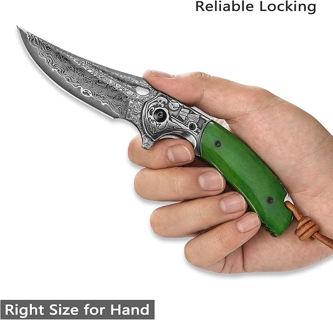 Damascus Folding Knife with Leather Sheath,3.2'' Blade Green Bone Handle Handmade Traditional Pocket Knives for Men Hunting EDC, Puppis-02G