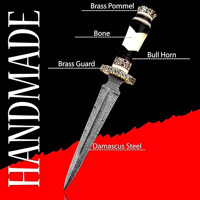 NBGRLVS Damascus Beautiful Steel Dagger Knife - Camel Bone Handle - Sharp Edge Fix Blade - Genuine Multipurpose Knife 12.5” Handmade Premium Quality - Bull Horn with Brass Spacer Ideal for Outdoor