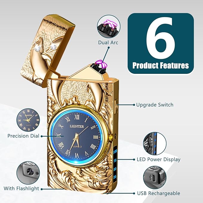 Arc Lighter Rechargeable Electric Lighter Plasma USB Lighter with Clock Dial Cool Windproof Candle Lighter with Battery Indicator for Candles, Fireworks, Incense (Gold Dolphin)