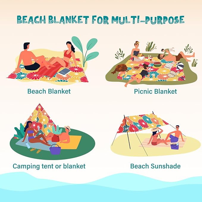 Beach Blanket Waterproof Sandproof 1-7 Adult Oversized 78 '' × 110 '' Lightweight Durable Compact Sand Free Beach Mat for Travel Camping Hiking Picnic Blanket Extra Large