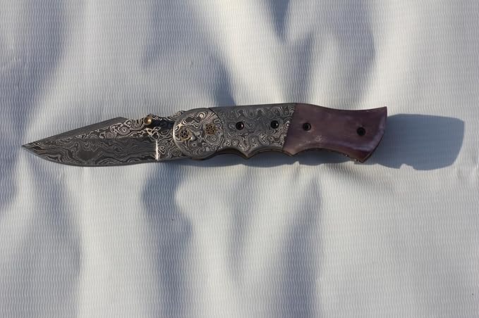 Damascus Folding Knife, Damascus Steel folding knife with Sheath, Damascus Pocket Knife with Bone, Hunting Knife, Pocket Knife for Men Birthday Gift