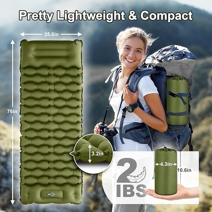 Sleeping Pad, 50D Ultralight Inflatable Camping Mat with Pillow Built-in Foot Pump Sleeping Mat Waterproof Portable and Compact Camping Mattress for Backpacking/Hiking/Traveling/Tent/Road Trip