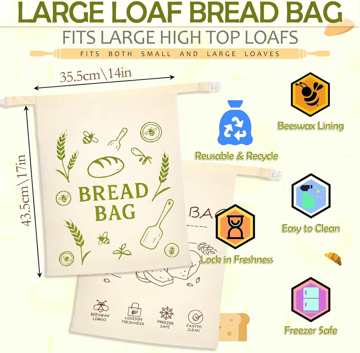 2 Pack Beeswax Bread Bag for Sourdough - Reusable Sourdough Bread Bags, Bread Bags for Homemade, Keep Your Loaf Fresh for Days Extra Large and Easy to Clean Cotton Storage Bag XL 17x13 Inch