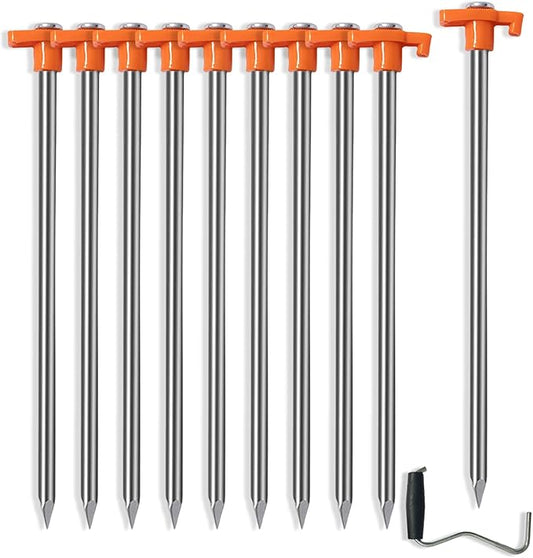 Cheardia 10 Pack Tent Stakes Heavy Duty, 10.25 Inch Yard Stakes Non-Rust Metal Tent Pegs Ground Stakes Tent Spikes for Decorations Camping Patio, Garden, Canopies, Grassland, Outdoor, Orange