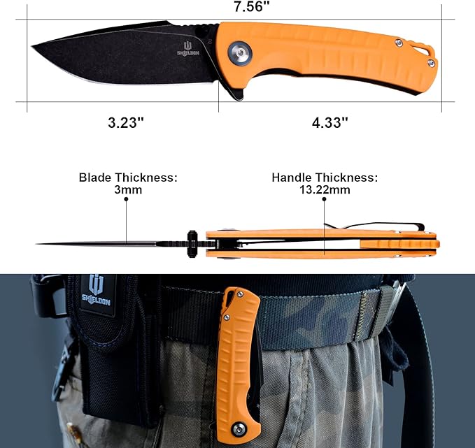 Relicanth Pocket Knife, 3.2" Stonewashed Titanium Coating D2 Blade Orange G10 Handle Liner Lock Folding Knife with Pocket Clip Qualified as Outdoor Hunting Knife