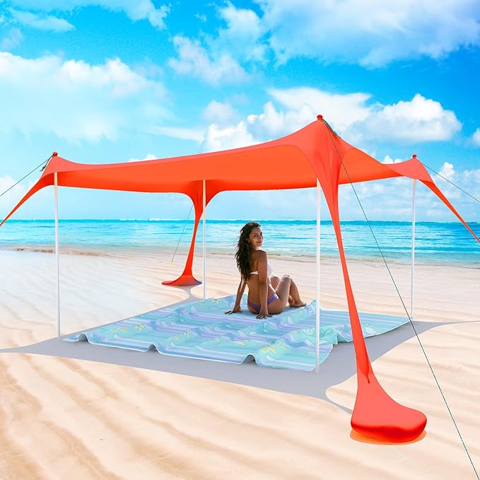 Beach Tent Pop Up Shade Canopy Sun Shelter UPF50+ with 2 Stability Poles/Carry Bag/Ground Pegs/Sand Shovel/Windproof Ropes Portable Outdoor Family Sunshade for Beach Camping (Orange, 7×7FT)
