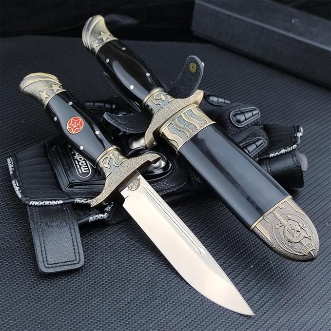 Outdoor Bushcraft Fixed Blade Survival Knife with Sheath - 5.15 in Mirror Blade Zinc Alloy + Resin Handle - Full Tang Bowie Knife for Collectors - Best for Hunting Camping Fishing, Black