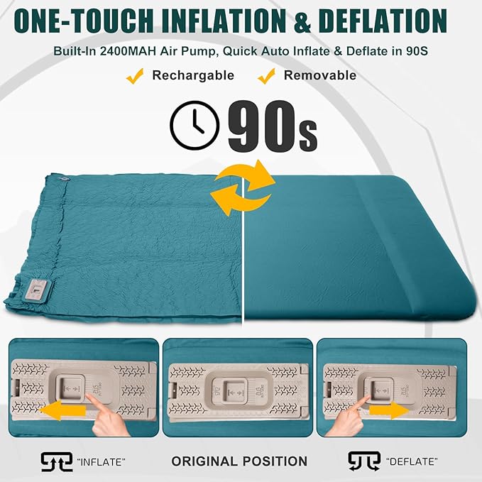 Double Self Inflating Sleeping Pad with Electric Pump,3.14" Thick Memory Foam Camping Mattress 2 Person w/Pillow,Easy Inflate&Deflate,Outdoor Camp Mat for Rooftop Tent Car Truck, Peacock-Blue
