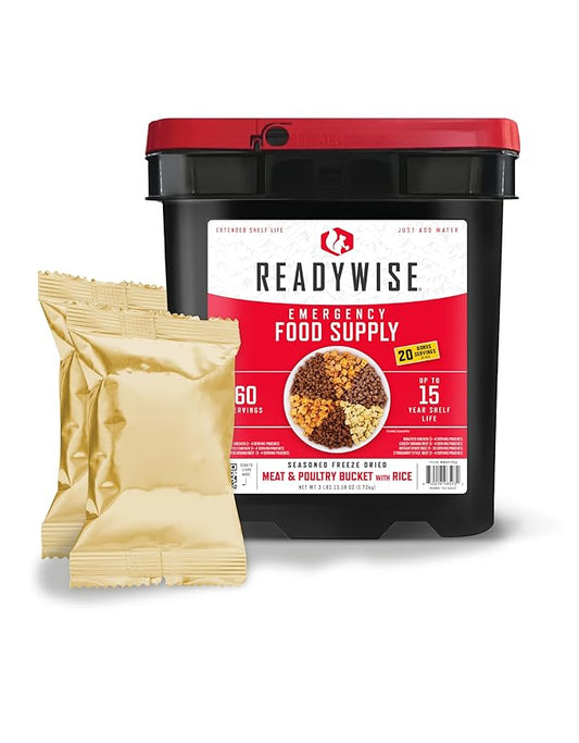 READYWISE - Meat Variety Bucket, 60 Servings, Emergency, MRE Meal Food Supply, Premade, Freeze Dried Survival Food for Hiking, Adventure & Camping Essentials, Individually Packaged, 15 Year Shelf Life