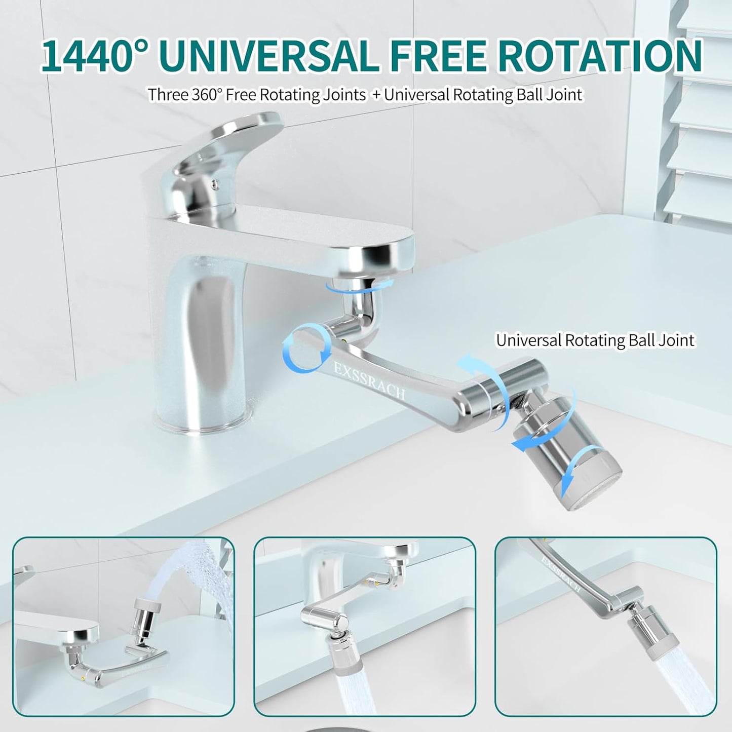 1440° Rotating Faucet Extender, Brass Multifunctional 1080°+ 360° Swivel Extension Robotic Arm Sink Aerator for Kitchen/Bathroom, 2 Water Outlet Modes, Silver
