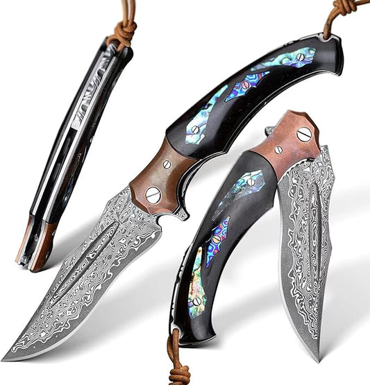 handmade japanese vg10 damascus steel folding knife with ebony lined lock handle, 5.5 "with leather sheath, edc pocket knife, men's outdoor camping fishing