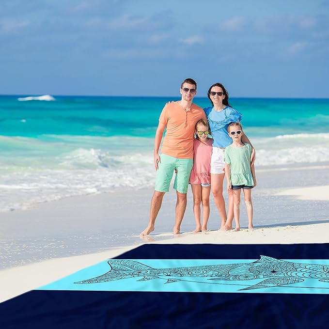 78''×86'' Large Beach Blanket Sandproof, Waterproof Sand Free Beach Mat 4 Adults w/ 4 Stakes & Pockets, Lightweight Foldable Outdoor Picnic Blanket for Camping, Travel, Hiking Accessories - Navy Shark