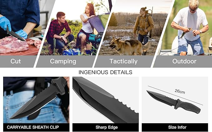 Fixed Blade Outdoor Duty Straight Knife, Tactical Survival Knife with Waist Clip,Camping Gift for Men MHT1-Z (Black)