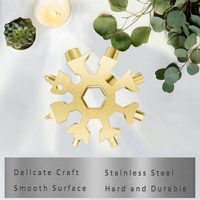 Snowflake Multitool, 2pcs Snowflake Tool Stainless Steel 18 in 1 Snowflake Multitool with Carabiner Clip, Keyring and Storage Bag for Christmas Gift Men's Present（color and gold）