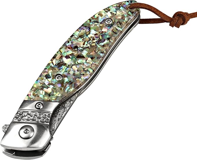 ALBATROSS HGDK028 EDC Sharp Mordern Damascus Folding Pocket Knife with Abalone shell Synthetic Material Handle,Ball Bearing Assisted Opening Knives with Liner Lock Tail rope，Gifts/Collections