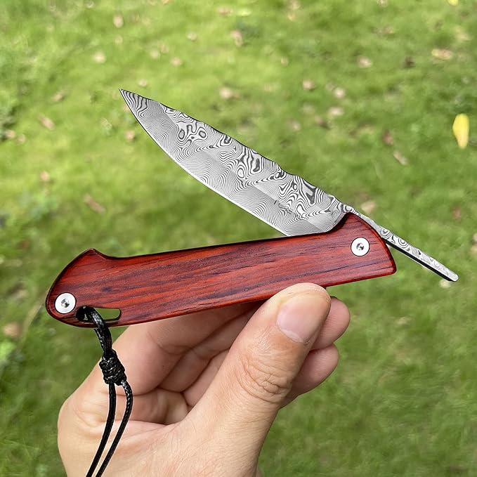 handmade japanese damascus steel blade folding knife tactical pocket knives rosewood handle edc knives with sheath for men