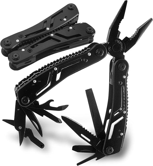Multitool 12-in-1 with EDC Pocket Folding Knife,Needle Nose Pliers, Wire Stripper, Pocket Clip, Screwdriver Sleeve, Stainless Steel Multi tool Gear for Outdoor, Survival, Camping, Hiking, Repair
