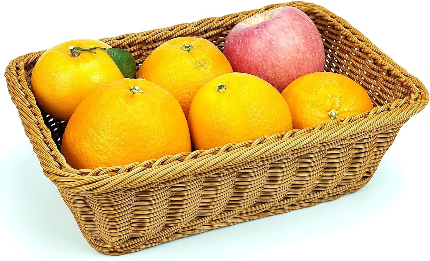 12" Poly Wicker Bread Basket, Hand Woven Food Storage Room Organizer, Fruits, Vegetables and Snacks Tabletop Food Serving Basket, Restaurant, Hotel Service, Brown