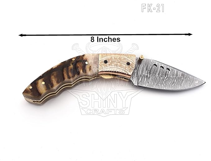 SHINY CRAFTS -Damascus Folding Knife Pocket Knives Hunting Knife Tactical Knife – Utility Pocket Knife - Everyday Carry - PlainEdge - Leather Sheath (FK 21)