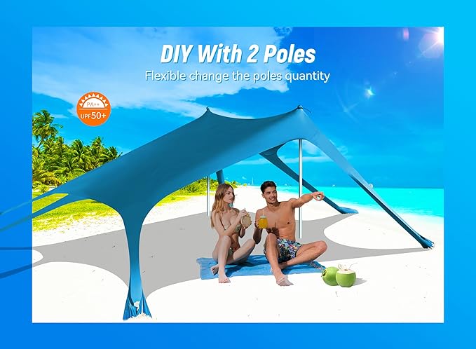 Beach Tent, Camping Sun Shelter UPF50+ with 6 Sandbags, 2 Sand Shovel, 4 Stability Poles, Outdoor Pop UP Beach Canopy for Camping Trips, Fishing, Backyard Fun, Picnics-Navy Blue