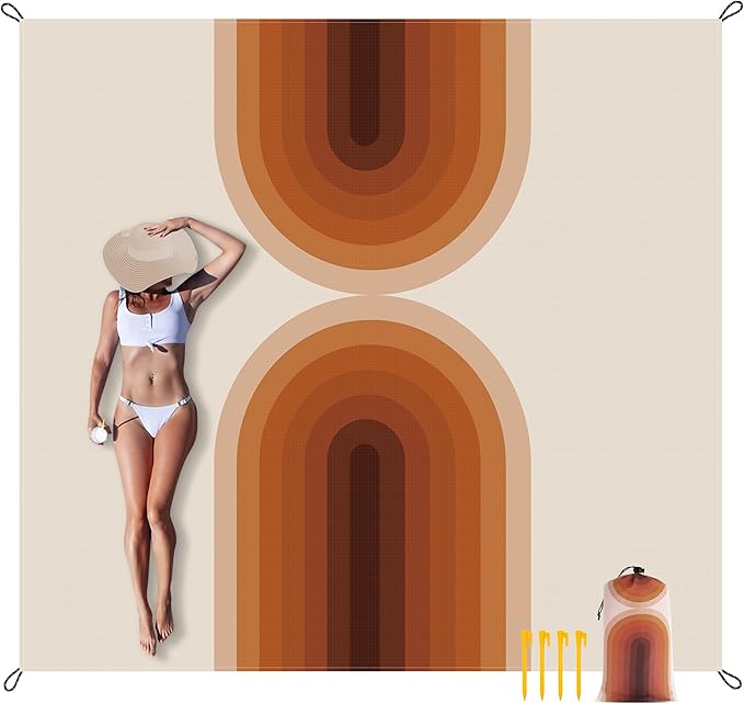 9 ft×10 ft Extra Large Waterproof Sandproof Beach Blanket for 8 Adults, Outdoor Beach Mat with 4 Stakes, 210T Polyester Lightweight Foldable Picnic Blanket for Travel, Camping, Hiking