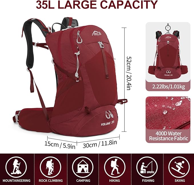 Hiking Backpack,35L Waterproof Hiking Daypack with 3L Water Bladder and Rain Cover, Lightweight Travel Camping Backpack for Men Women (Red)