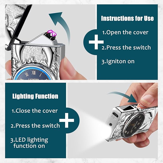 Electric Lighter Rechargeable USB Lighter Dual Arc Plasma Lighter Windproof Cool Candle Lighter with LED Battery Indicator for Candles, Fireworks, Incense (Silver Dolphin)