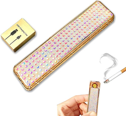 Rhinestone Lighter Electric Lighter Rechargeable Bling Glitter USB Lighter Flameless Girls Lighter for Women (White Multi)