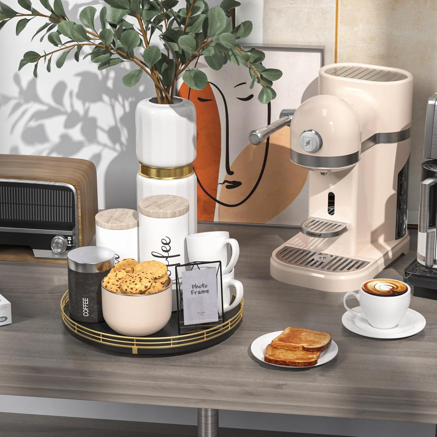 12" Oak Wood Lazy Susan Organizer, Lazy Susan for Cabinet Dining Table Pantry Wood Turntable Organizer Tray for Coffee Table Kitchen Countertop Spinning Spice Can Organization and Storage Round Gold