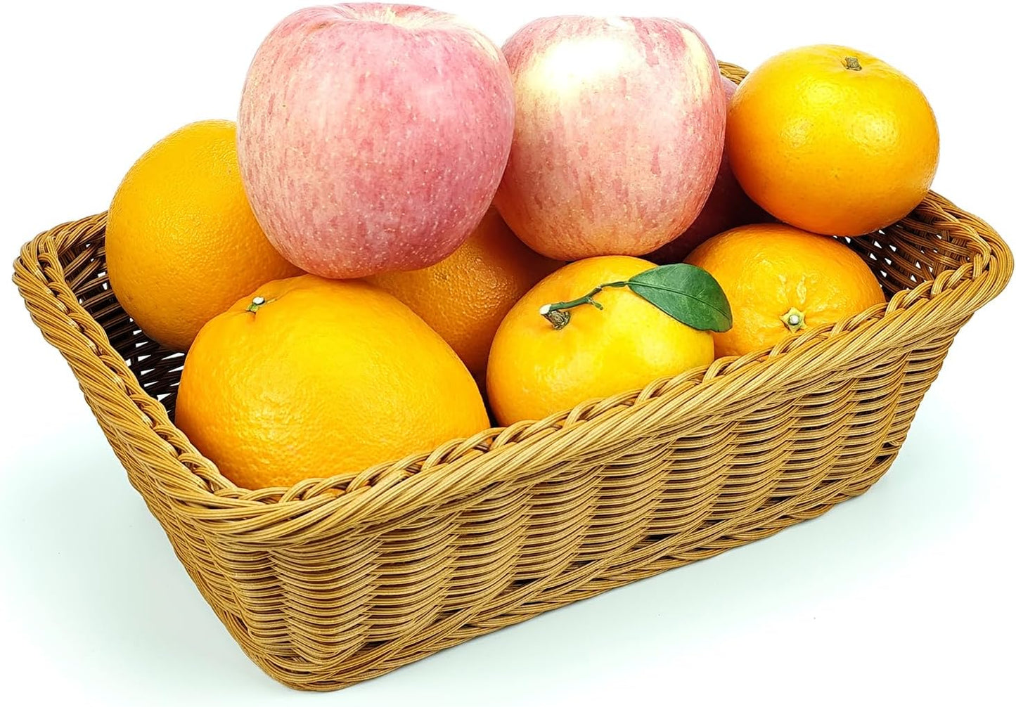 12" Poly Wicker Bread Basket, Hand Woven Food Storage Room Organizer, Fruits, Vegetables and Snacks Tabletop Food Serving Basket, Restaurant, Hotel Service, Brown