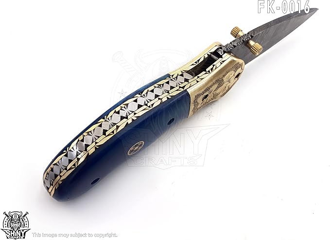 SHINY CRAFTS - Damascus Pocket Knife Knives For Men Military Knife Survival Knife- Folding Knives - Everyday Carry - PlainEdge - Leather Sheath (FK 16)