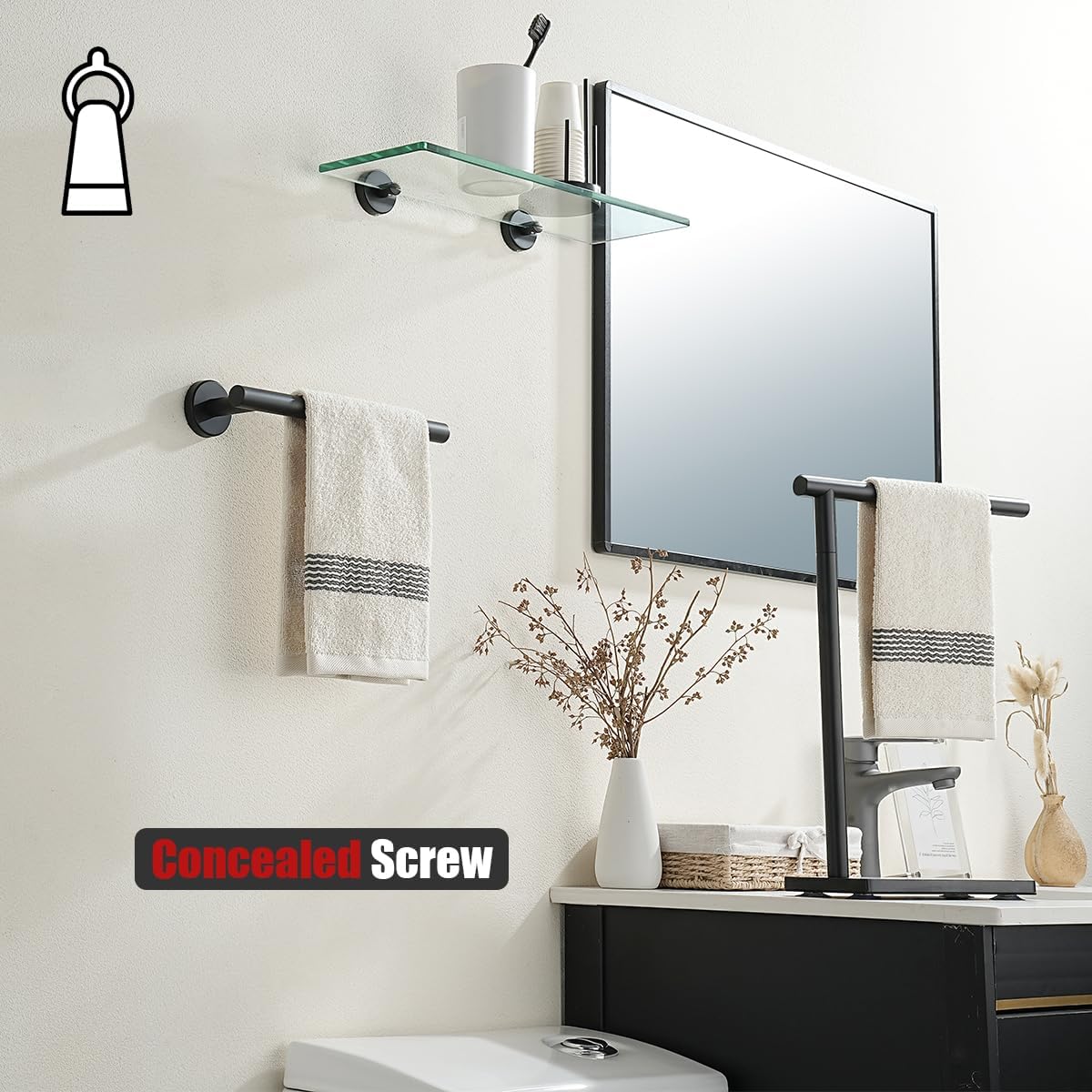 JQK Hand Towel Holder Towel Ring Black, 10 Inch Thicken 0.8mm 304 Stainless Steel Bathroom Hand Towel Bar, 9 Inch Useable Length Wall Mount Towel Rack Hanger, Matte Black, THH110L9-PB