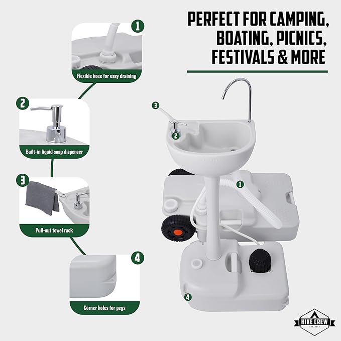 Hike Crew Portable Camping Sink & Waste Tank | Large Outdoor Hand Washing Station with 4.5 Gal Capacity, Hands-Free Foot Pump, Faucet, Soap Dispenser & Towel Rack | includes 8 Gal Travel Waste Tank