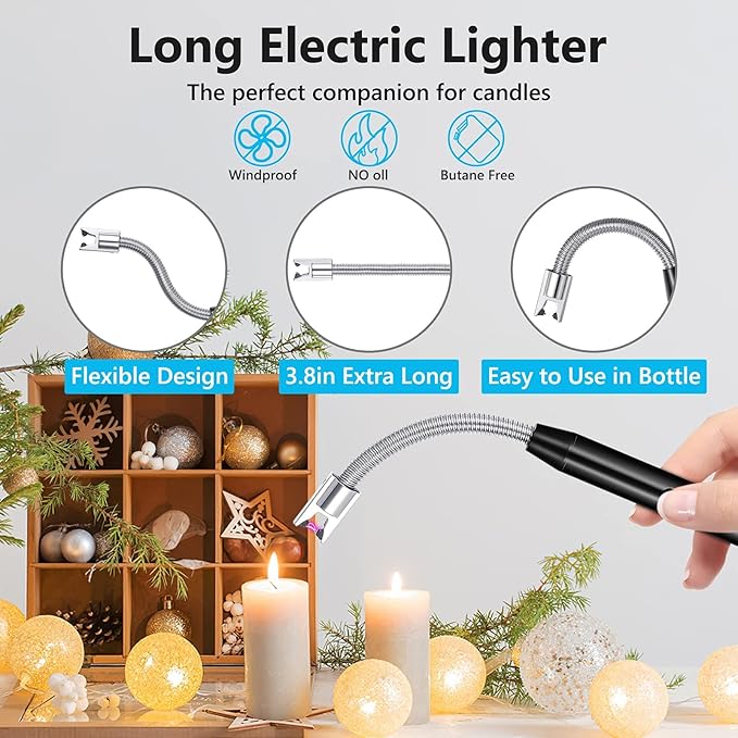 Candle Lighter, Rechargeable Plasma Arc Electric Lighters with LED Battery Display Long Flexible Neck Flame-less Windproof Lighters for Candles Gas Stoves Fire Pits Lanterns Camping Barbecue