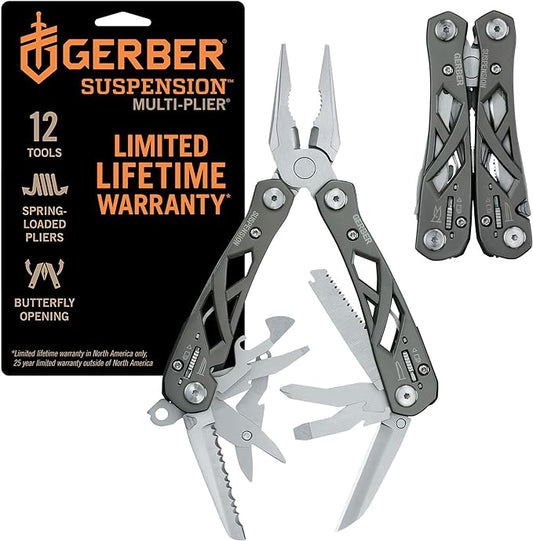 Gerber Gear Suspension 12-in-1 Needle Nose Pliers Multi-tool - Multi-Plier, Wire Cutter, Crosspoint and Flathead Screwdriver Set, Small Scissors - EDC Gear and Equipment - Gifts for Men - Gray
