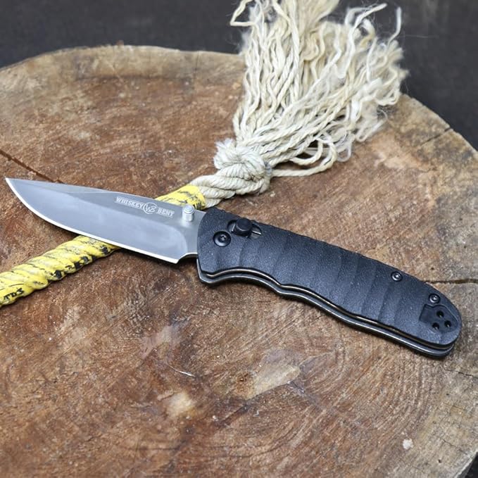 WHISKEY BENT HAT CO. Catch Pin Lock Folding Pocket Knife w/Clip Drop Point Blade Thumbstud Opening 440C Stainless Steel (Raven, 3.75" - Closed Length)