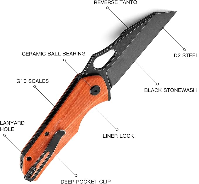 BESTECH KNIVES Pocket Folder Folding Knife: 3.47" D2 Steel Black Tanto Blade, G10 Handle, EDC Clip, BG36E (Orange)