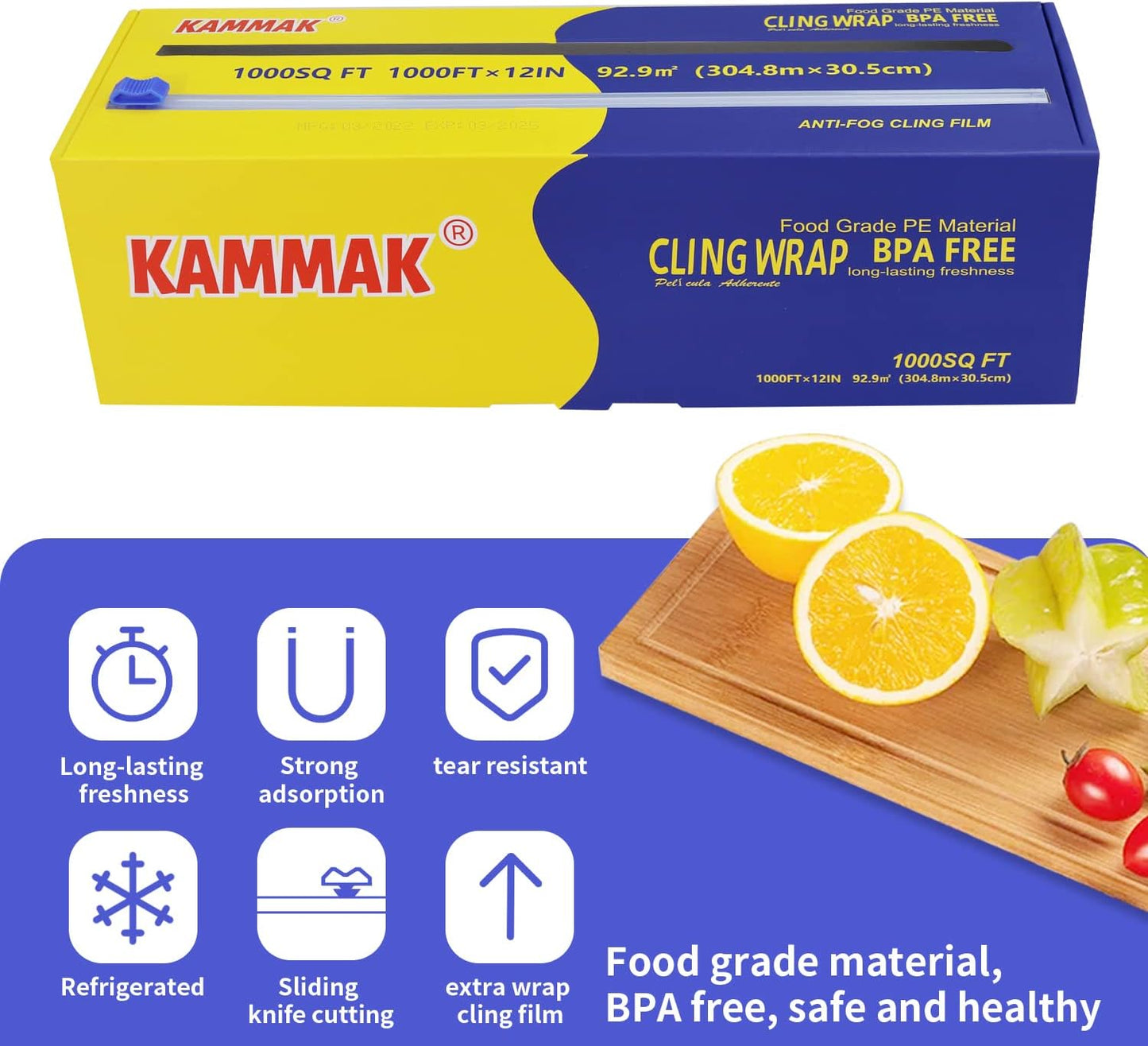 KAMMAK Plastic Wrap with Slide Cutter - 12 Inch Food Service Cling Film Roll - Clear Refillable Stretch Film - 1000 SQ FT Wrap - Bulk Quick Cut for Restaurant, Kitchen