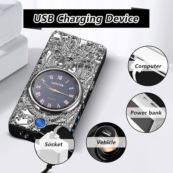Gifts for Him Electric Lighters Rechargeable USB Lighter Windproof Flameless Plasma Lighters Unique Lighter with Battery Indicator Butane Free Electric Candle Lighter, Gifts for Men（Silver）