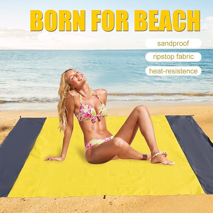 Yonge & Finch Large Beach Blanket Sandproof Heat-Resistent Beach Mat Machine Washable Camp Blanket Packable Pocket Blanket Waterproof Outdoor Blanket Fit 4-7 Persons 83 * 79inch Yellow