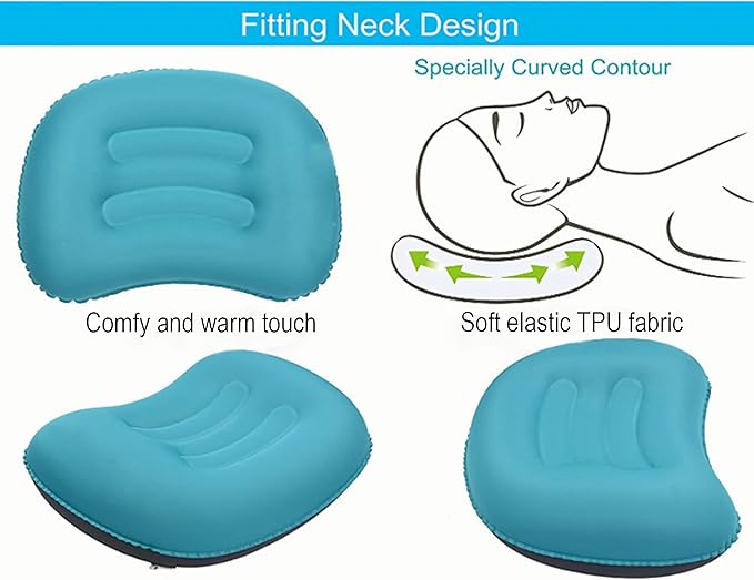 Portable Inflatable Neck Pillow for Outdoor Travel, Camping, Office Naps-Polyester，Color Available-Simple and Comfortable (Cyan)