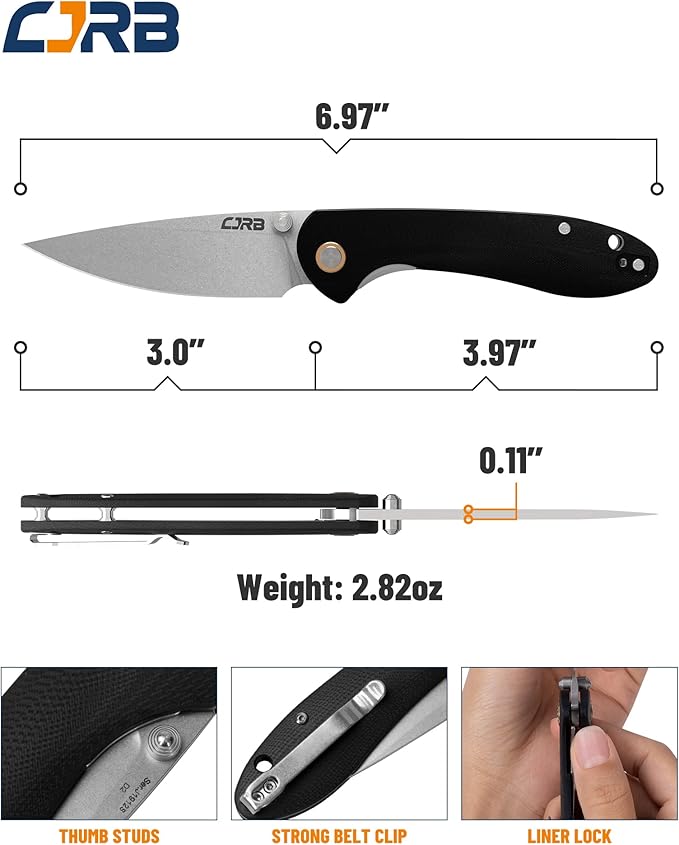 CJRB Folding Knife Feldspar Pocket Folding Knife Stonewash D2 Steel Blade G10 Tactical Handle EDC Knife,Black Handle (J1912)