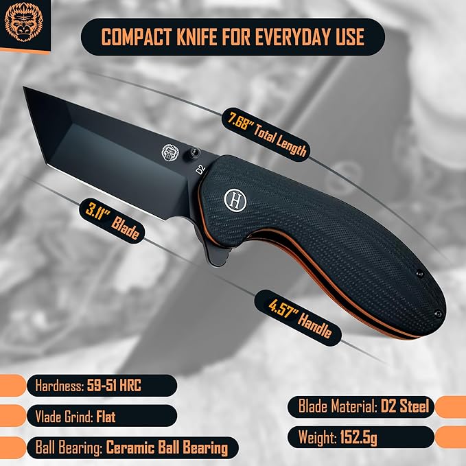 Holtzman's Gorilla Survival Folding Knife D2 Steel Blade G10 Handle Pocket Knife EDC Giftset for Men and Women (black blade + black/orange liner)