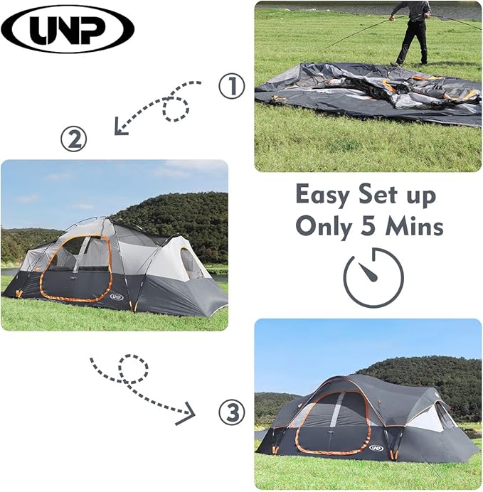 UNP Camping Tent 10-Person-Family Tents, Parties, Music Festival Tent, Big, Easy Up, 5 Large Mesh Windows, Double Layer, 2 Room, Waterproof, Weather Resistant, 18ft x 9ft x78in